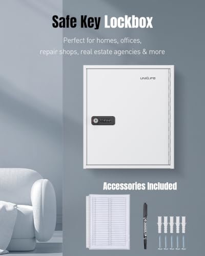 Uniclife 60 Position Steel Key Cabinet with Combination & Key Lock, White | Wall mount key lock box, resettable 4-digit code lock, 2 backup keys, thickened steel, large capacity, adjustable rack&labels - color: White, size: 60 Keys