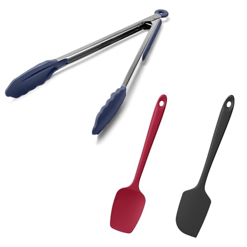 Doosu 600°F Heat Resistant Kitchen Tong for Cooking with Non-Scratch Silicone Tips (12in, Navy Blue) & 2-Piece Spatula Set BPA Free Rubber Scrapers for Kitchen Cooking Baking Stirring (Red+Black)