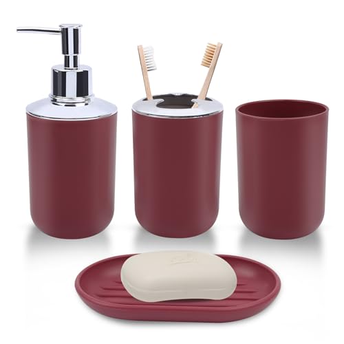 LGURT Red Bath Accessories Set — 4-Pc Dispenser, Toothbrush Holder & Cup | Plastic, Bold Decor, Soap Dish, Rinse Cup, Bathroom Vanity, Gift - color: Red