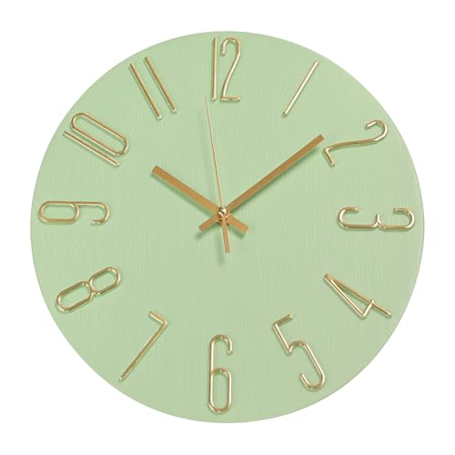 Wall Clock 12 Inch Silent Non-Ticking Imitation Wood Indoor Clock Round Green Decor Clock Modern 3D Figures Quartz Wall Clocks for Home, Hotel, Office, School - color: Green