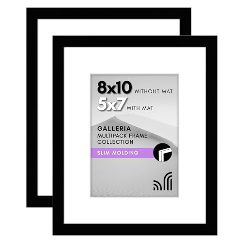 Americanflat 8x10 Picture Frame 2-Pack - Matted to 5x7 - Black | Slim Molding construction, Polished plexiglass front, wall or tabletop display with included easel, sawtooth hangers included - color: Black, size: 8X10