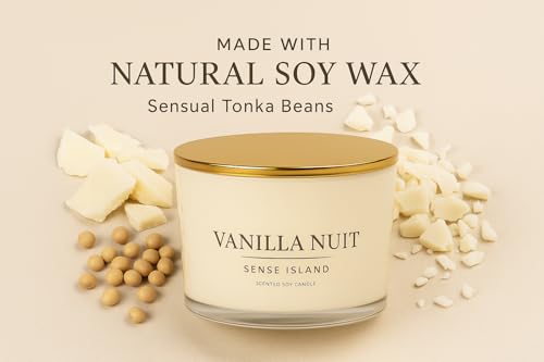 Luxury Vanilla Soy Candles, Large 3 Wick Jar Candle for Home | Up To 50 Hours Burn | 100% Natural Soy Wax, Beige Glass with Gold Lid, Luxury Gift for Women | Creamy Vanilla Scented