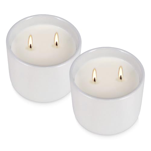 2-Pack Citronella Candles in White Ceramic Jars - 2 Cotton Wicks, Citronella Oil with Elegant White Pillar Design Perfect for Outside Patio, Camping & Garden, Summer Gifts for Indoor Home - color: White