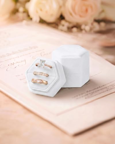Velvet Jewelry Ring Box, 3 Slots Hexagon Engagement Wedding Ring Holder for Wedding Ceremony Proposal - color: White