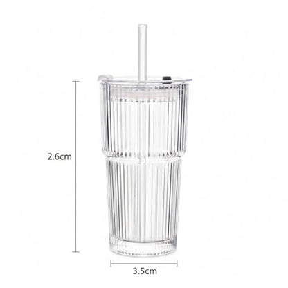 Premium Iced Coffee Cups with Lids and Straws | 20oz Ribbed Glass Cups | Set of 2 | Clear Borosilicate Glass Tumblers | Reusable Iced Tea and Matcha Cup | Dishwasher Safe | for Cold Drinks