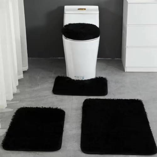 4 Piece Non Slip, Toilet Lid Cover and Contour Mat, Bath Mats Shower Mats Bath Rug Mat for Tub Toilet Bathroom (Black) - color: Black