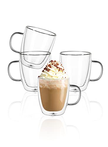 Sweese 12.5oz Borosilicate Glass Coffee Mugs Set of 4 - Double Walled, Clear Cups for Espresso, Latte, Tea - style: Set of 4