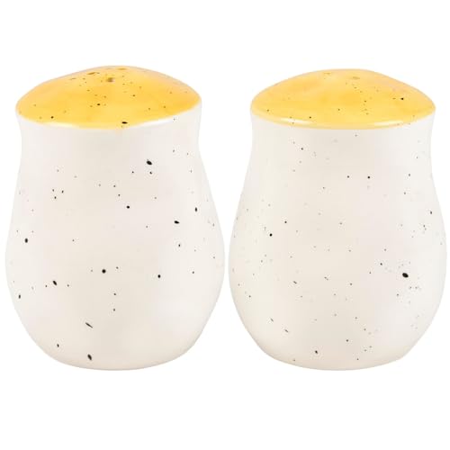 Primitives by Kathy Salt & Pepper Set - features bees buzzing over flowers with yellow accents. Shakers include unique openings to tell them apart, with plastic stoppers for easy refilling & cleaning