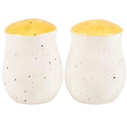 Primitives by Kathy Salt & Pepper Set - features bees buzzing over flowers with yellow accents. Shakers include unique openings to tell them apart, with plastic stoppers for easy refilling & cleaning