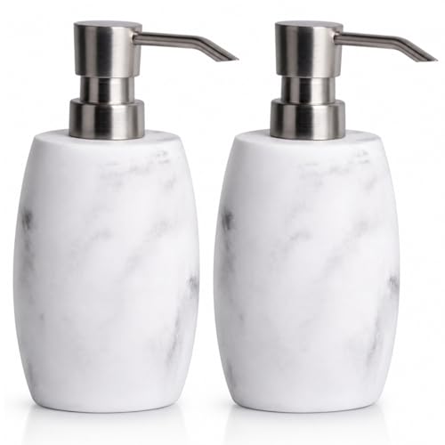 Clasin Home Resin Soap Dispenser Set 2, Refillable Hand Soap Dispenser with White Marble Look and Metallic Pump, Kitchen, Bathroom, Waterproof Labels (12 Oz) - color: White_2 Pcs