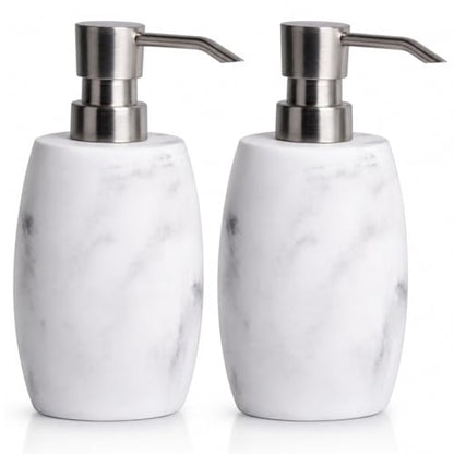 Clasin Home Resin Soap Dispenser Set 2, Refillable Hand Soap Dispenser with White Marble Look and Metallic Pump, Kitchen, Bathroom, Waterproof Labels (12 Oz) - color: White_2 Pcs