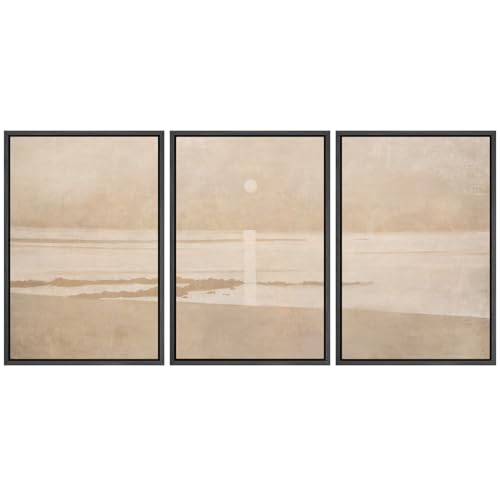 SIGNFORD Framed Canvas Print Wall Art Set Muted Beige Minimalist Seascape Illustrations Modern Art Relax/Calm for Living Room, Bedroom, Office - 16"x24"x3 BLACK - color: AS06-2604-YUK02, size: 16"x24"x3 Panels Black