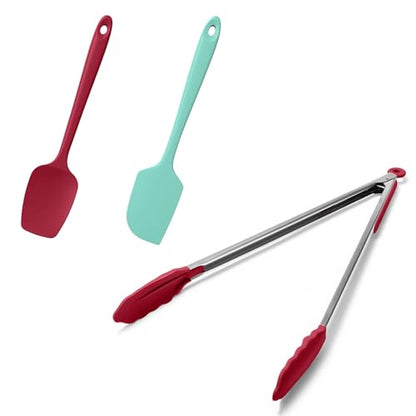 Doosu 600°F Heat Resistant Kitchen Food Tong for Cooking with Non-Scratch Silicone Tips (16in, Red) & 600°F Heat Resistant Spatula Set of 2 for Kitchen Cooking Baking Stirring (Red+Aqua Sky)