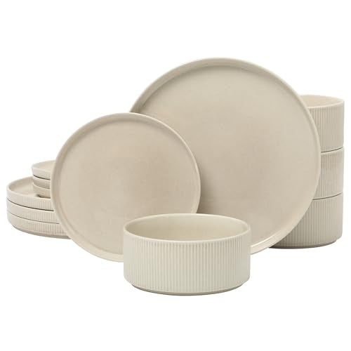Gibson Elite Solana Coast 12 Piece Stoneware Reactive Glaze (Service for 4) Ceramic Plates and Bowls Modern Shape Embossed Dinnerware Set - Cream White - color: Cream White (Solana), size: Service for 4 (12pcs)