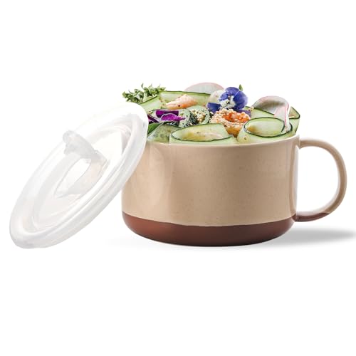 Jumbo Ceramic Soup Bowl with Lid, Microwave Safe - Beige | Soup Mug with Big Handle for Ramen Cereal Breakfast Meal Prep Office Lunch Dorm Living - 38 oz Extra Large Food Container - color: Beige, size: Set of 1