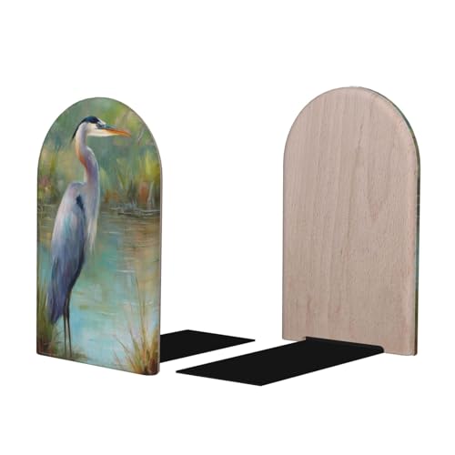 Majestic Blue Heron Bookends for Shelves 2 Pcs Wooden Book Stopper Organizer for Home Office Libraries