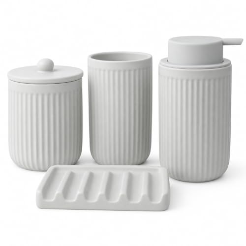 BosilunLife Light Grey Ceramic Bathroom Accessories Set of 4 | Bathroom Decor Sets Accessories Bathroom Foam Soap Dispenser and Toothbrush Holder Set, Soap Dish, Apothecary Jars.(Foam) - color: Light Grey-foam