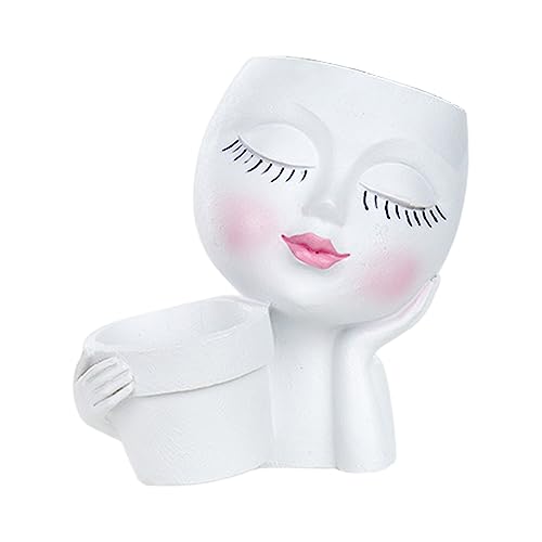 Face Planter Pot, Lady Head Planter with Drainage Holes, White | Dual-compartment lady head planter with drainage holes for succulents, cactus, and air plants - color: White