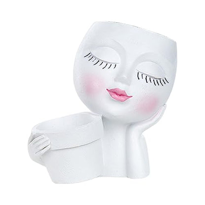 Face Planter Pot, Lady Head Planter with Drainage Holes, White | Dual-compartment lady head planter with drainage holes for succulents, cactus, and air plants - color: White