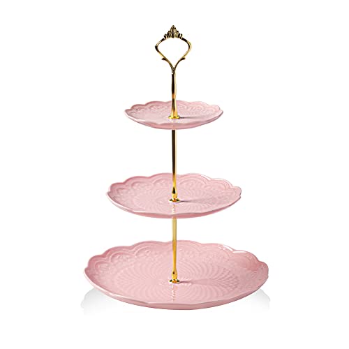 Sweejar 3 Tier Ceramic Cake Stand Wedding, Dessert Cupcake Stand for Tea Party Serving Platter(Rose Pink) - color: Rose Pink