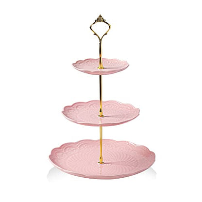 Sweejar 3 Tier Ceramic Cake Stand Wedding, Dessert Cupcake Stand for Tea Party Serving Platter(Rose Pink) - color: Rose Pink
