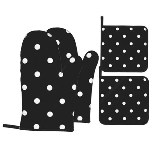 Black and White Polka Dot Oven Mitts and Pot Holders Set of 4 Non-Slip Oven Gloves Hot Pads for Kitchen Baking Cooking Grilling