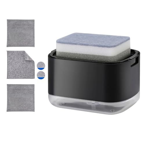 Kitchen Dish Soap Dispenser with Sponge Holder, 5-in-1 Countertop Soap Pump Dispenser, Soap Dispenser for Kitchen Sink with 3-Packs Wire Dishwashing Rag - color: Black (5-in-1)