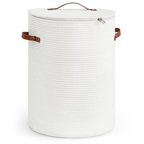 CHICVITA Large Woven Laundry Hamper with Lid & Leather Handles, 60L, White | 15" x 20" Tall Laundry Basket, Storage Basket for Blanket, Pillows, Clothes & Toys, Fits Living Room & Nursery Décor - color: White