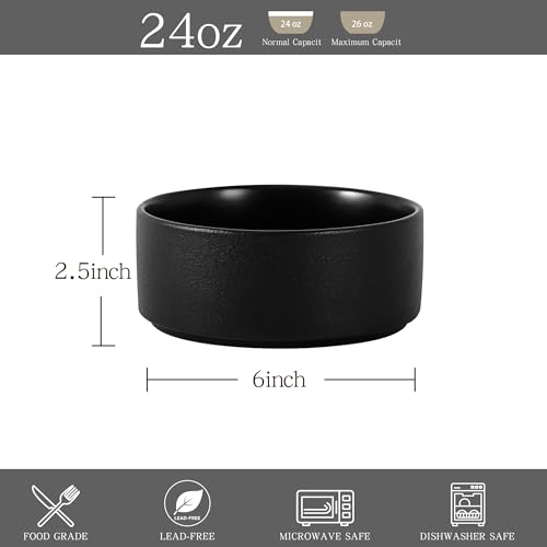 Stoneware Cereal & Soup Bowls Set of 4, 6 Inch, Matte Black | Matte Glaze Ceramic, For Breakfast & Oatmeal, Microwave Safe, Dishwasher Safe - color: Black, size: Cereal Bowls Set (4PCS)