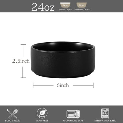 Stoneware Cereal & Soup Bowls Set of 4, 6 Inch, Matte Black | Matte Glaze Ceramic, For Breakfast & Oatmeal, Microwave Safe, Dishwasher Safe - color: Black, size: Cereal Bowls Set (4PCS)