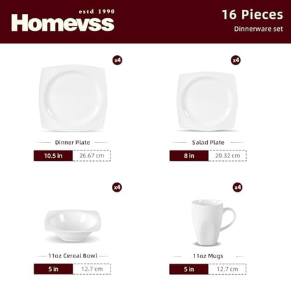 HomeVss, New Bone China Dinnerware Set, Rim Square Shape, 16pc Set - color: Square Rim, size: Service for 4 - 16pc Set
