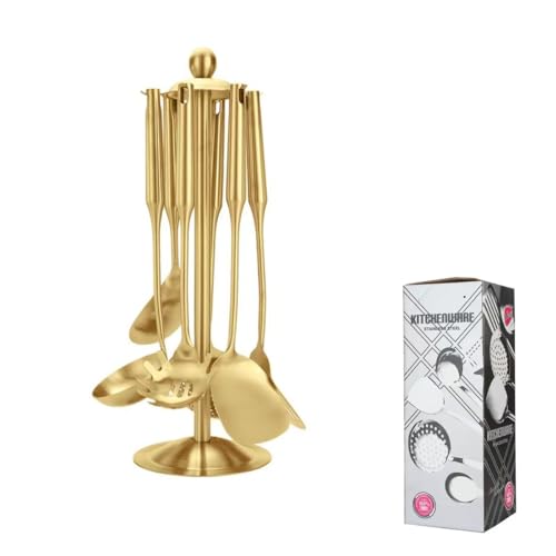 Premium 7-Piece Gold Kitchen Utensil Set with Stand, Stainless Steel Cooking Tools- Dishwasher Safe Ladle, Spoon, Spatula, Pasta Fork, Luxury Brass Kitchen Accessories for Home Chefs (Gold) - color: Gold