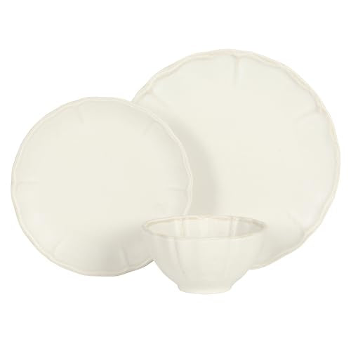 Gibson Elite Vista Rossio - Made In Portugal - 12 Piece Dinnerware Set for 4, White Ceramic Plates and Bowls Sets, Stoneware Dishware Set with Scalloped Edge, Dinner Plates Salad Plates & Cereal Bowls - color: White (Vista Rossio Dinnerware)