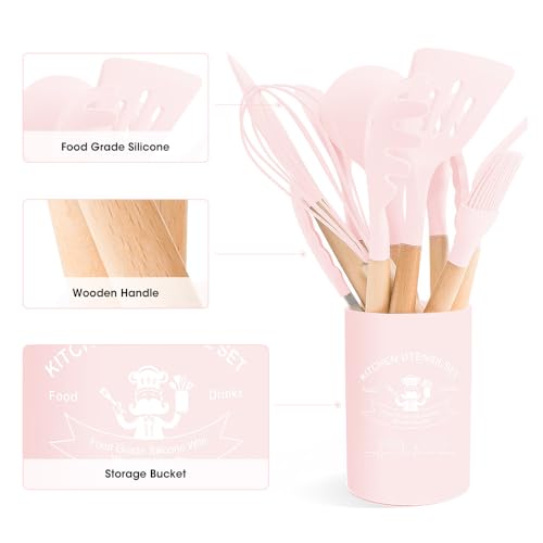Kitchen Utensils Set Silicone Kitchen Utensils Set with Wooden Handle Utensils for Cooking Heat Resistant Silicone Non-Stick Cookware BPA FREE (Pink) - color: Pink