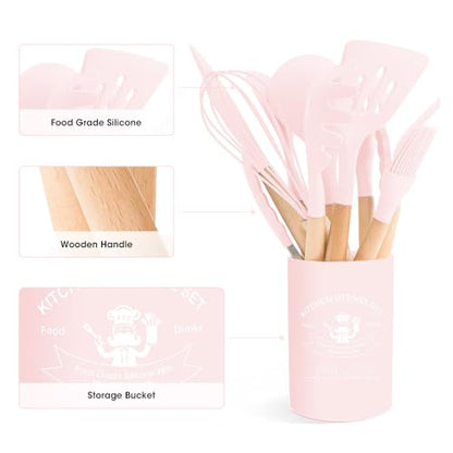 Kitchen Utensils Set Silicone Kitchen Utensils Set with Wooden Handle Utensils for Cooking Heat Resistant Silicone Non-Stick Cookware BPA FREE (Pink) - color: Pink