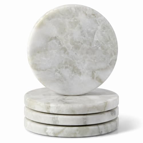 Marble Coaster Set of 4, Round White Coasters, 4" Cup Coasters for Drinks, Heat Resistant Coaster for Coffee Table Home Office Bar Decor(Bianco Palomino) - color: 4 Pcs-bianco Palomino