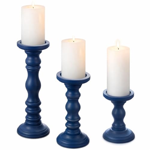 Set of 3 Navy Blue Candle Holders Rustic Farmhouse Mango Wood Candlestick Holder Large Pillar Candle Stand Vintage Antique Home Decor for Table Centerpieces Fireplace Mantel, 12", 9", 6" H - color: Navy Blue