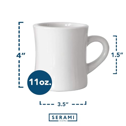 Serami Diner Coffee Mugs – Set of 6 Classic 11oz Ceramic Cups – Thick, Heavy Stoneware – Crisp White Color – Dishwasher & Microwave Safe - size: 6 Count (Pack of 1)