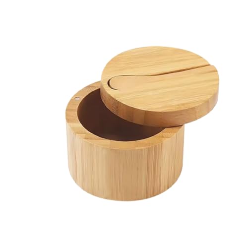 GSHLLO Wooden Salt Storage Box Small Wood Salt Cellar Kitchen Sea Salt Holder Round Spice Box Table Salt Saver Jar Pepper Cellar Bowl Container with Swivel Lid and Spoon for Home