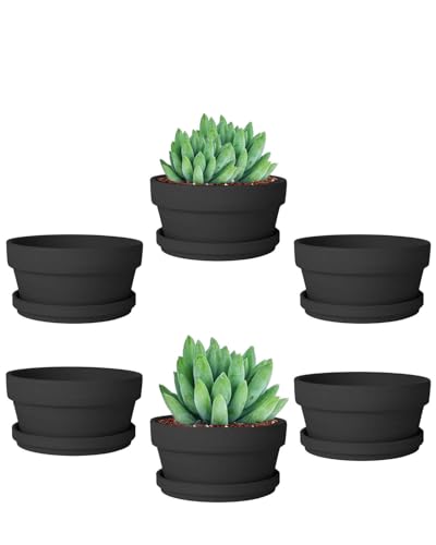 4.5 Inch Black Terracotta Shallow Succulent Pots - 6 Pack Terra Cotta Clay Pot with Saucer, Cacuts Indoor and Outdoor Planters with Drainage Hole - color: Black, size: 4.5 Inch