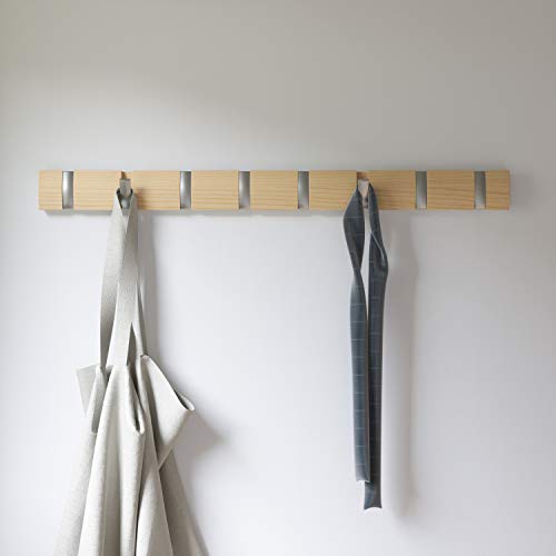 Umbra Flip Coat Rack, Wall Mount 8-Hook, Space Saving, Natural/Nickel | Real wood and steel build, retractable hooks fold flat, holds coats bags and scarves, easy install - color: Natural/Nickel, size: 8-Hook