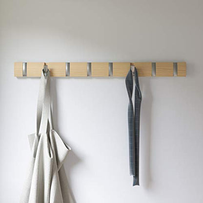 Umbra Flip Coat Rack, Wall Mount 8-Hook, Space Saving, Natural/Nickel | Real wood and steel build, retractable hooks fold flat, holds coats bags and scarves, easy install - color: Natural/Nickel, size: 8-Hook