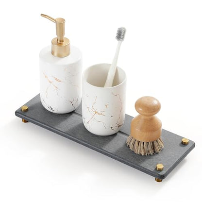 Kitchen Sink Caddy Water Absorbing Stone Drying Tray, Diatomite Bathroom Sink Organizer, Faucet Counter Mat Coaster, Soap Dish Rack Riser Dispenser Sponge Holder, Dark Gray Gold -12.5" x 4.5" - color: 12.5"x 4.5" - Dark Gray - Gold