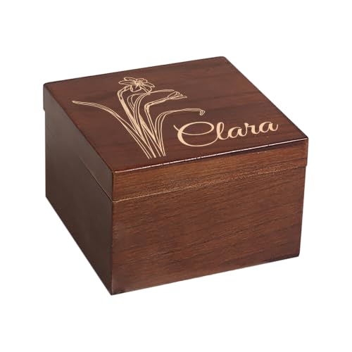 Personalized Wooden Memory Keepsake Box Custom with Birth Flower & Message | Jewelry, Photos & Memento Storage Chest, Customize Floral Design Wood Gift Box for Women, Mom & Girls, for Birthday Christmas - size: 5.9"L x 5.9"W x 3.9"H, style: Birth Flower