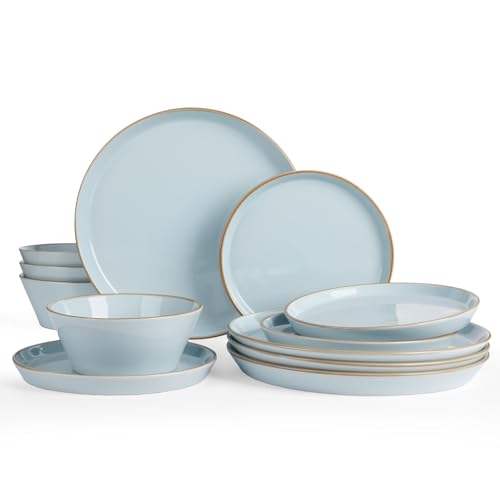 Famiware Saturn Dinnerware Sets, Ceramic Dishes for 4, Rimmed Plates, Bowls | Light Blue, 12-Piece Microwave and Dishwasher Safe Stoneware, Chip & Scratch Resistant, Modern Rustic Tableware, Everyday Use - color: Light Blue, size: 12