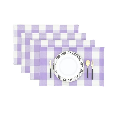 Lilac & White 2 Side Cotton Buffalo Check Placemats Set of 4 Heat Resistant Dining Table Place Mats for Kitchen Table 12 x 18 inches - color: Plaids Lilac & White, size: Rectangular Placemats 12" x 18"