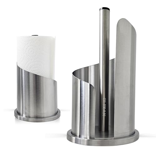 Stainless Steel Paper Towel Holder Countertop, Modern Covered Design, Weighted Base for Stability, Freestanding Easy One-Handed Operation for Kitchen & Bathroom (Brushed Silver) - color: Brushed Silver