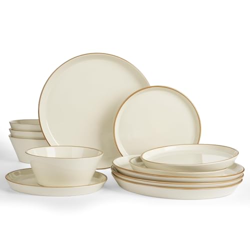 Famiware Saturn Dinnerware Sets, Ceramic Dishes for 4, Rimmed Plates, Bowls | Vanilla White, 12 pcs Microwave & Dishwasher Safe Stoneware, Chip & Scratch Resistant, Modern Rustic Tableware, Everyday Use - color: Vanilla White, size: 12