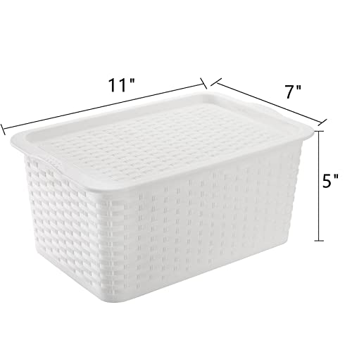 Dicunoy 4 Pack Lidded Storage Bins with Lids, White Stackable Storage Baskets for Shelf, Plastic Pantry Organizer with Handle for Home, RV, Lockers, Classrooms, School, Toys, 11" x 7" x 5"