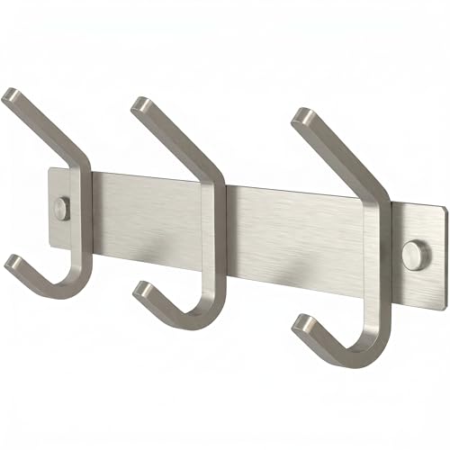 Small Coat Rack Wall Mount – Brushed Nickel 9 Inch Stainless Steel Hook Rail with 3 Heavy Duty Double Coat Hooks – Wall Mounted Coat Hanger for Entryway, Bathroom, Bedroom, Towel, Hat Organizer - color: Silver, size: 3 Hooks - 1 Pack